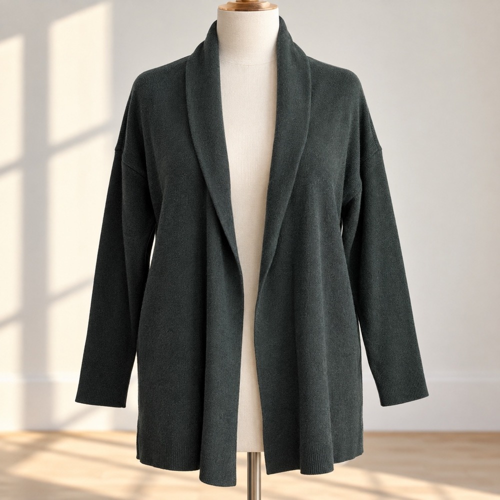 Eileen Fisher Organic Linen Blend Open Cardigan XL Deep Green Fall Lagenlook